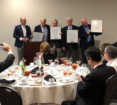 Recognition of first SPORE Lung Cancer Directors (L to R): Peter Ujhazy, NCI, John Minna, UTSW, Jack Roth, MD Anderson, York Miller, University of Colorado, Paul Bunn, University of Colorado