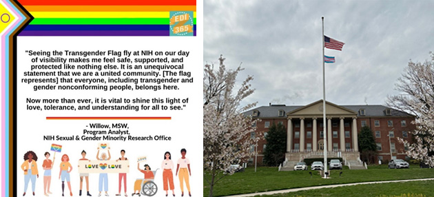 'Seeing the Transgender Flag fly at NIH on our day of visibility makes me feel safe, supported, and protected like nothing else. It is an unequivocal statement that we are a united community.' -Willow, MSW, Program Analyst, NIH Sexual & Gender Minority Research Office
