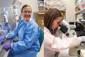 NIH Postbaccalaureate fellow Alina Kenina looking into a microscope in a lab while wearing a blue lab coat. NIH Predoctoral fellow Megan Majocha working with a microscope in a lab while wearing a white lab coat.