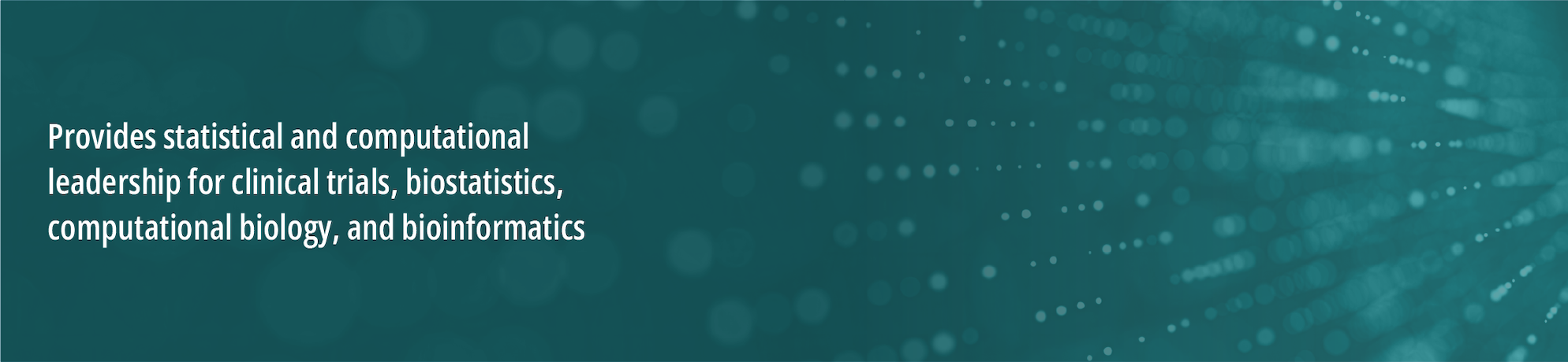 Green background with circles radiating and fading from the right. White text on the left states, “provides statistical and computational leadership for clinical trials, biostatistics, computational biology, and bioinformatics.”