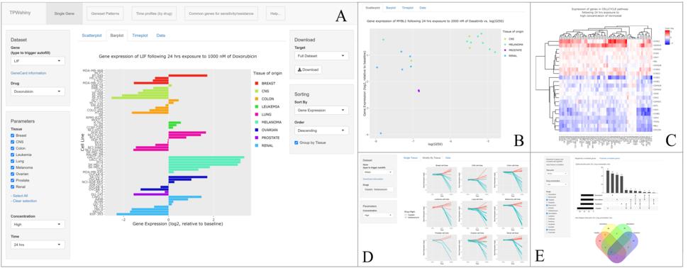 Multipanel figure showing different screenshot of the TPWshiny app in action. Detailed description of the panels and functionalities can be found in the caption and user manual.