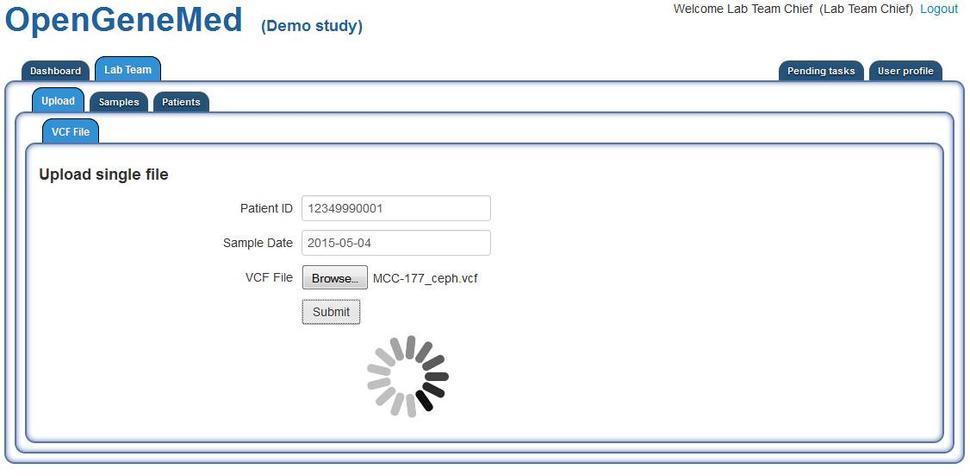 Window with tabs and subtabs for the different part of the system. An interactive form for the Lab team member to upload a variant file. More details in the caption and user manual.