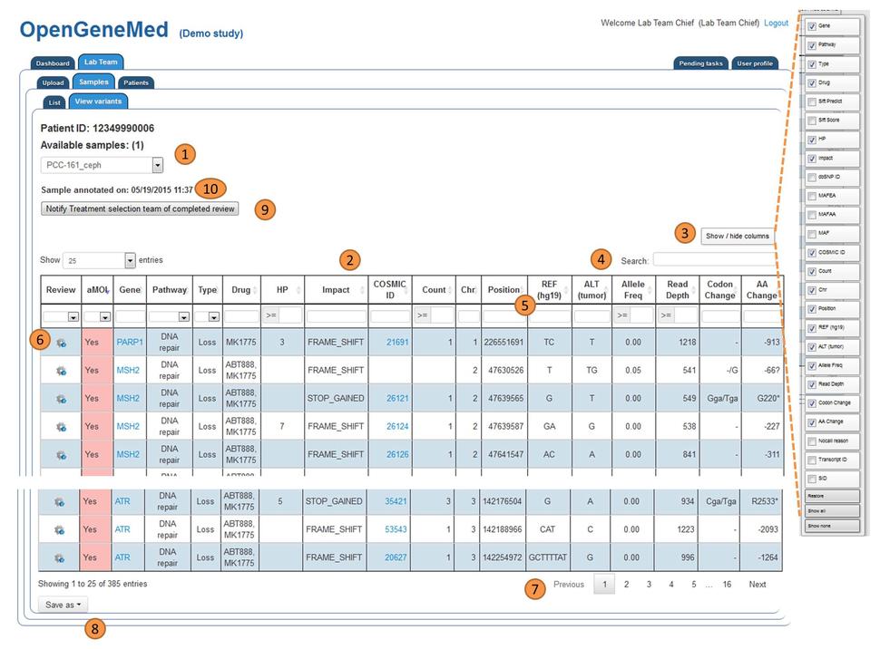 Three panels showing the interactive sorting and selection capabilities of the software. More details in the caption.