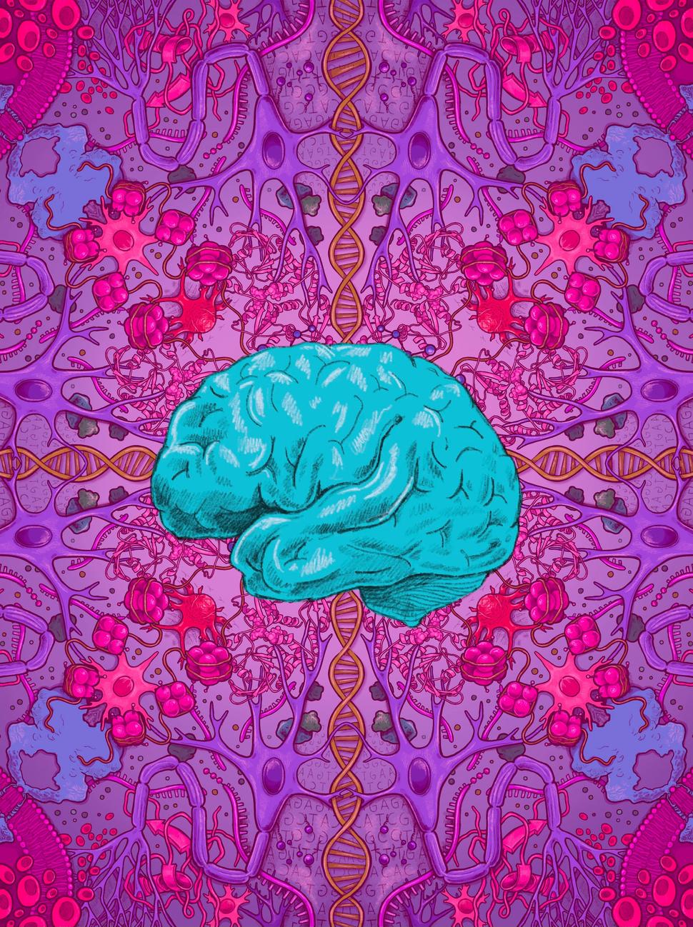Decorative brain on vibrant colored background.