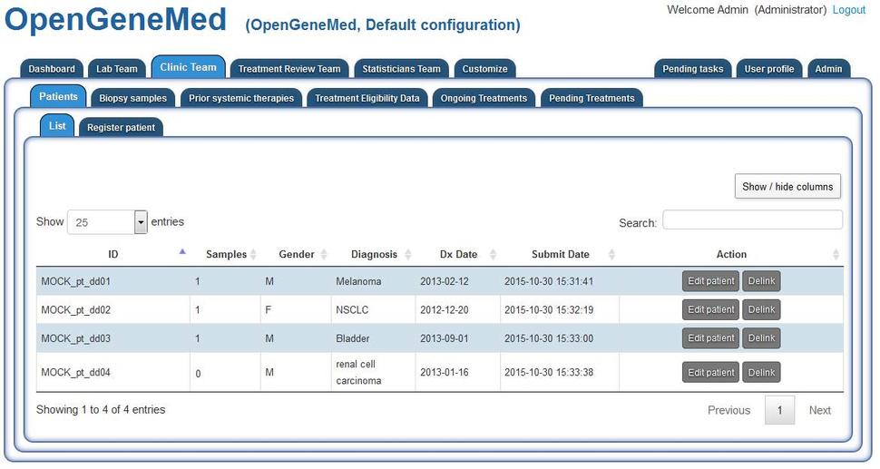 OpenGeneMed screenshot. The interface is composed of many tabs and subtabs, each covering a task in the clinical trial management portal. More details in the caption and user manual.