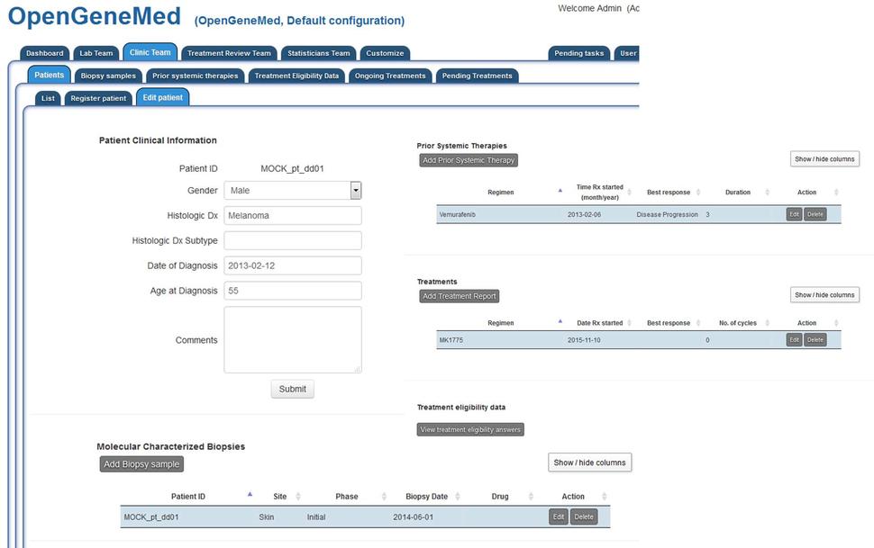 OpenGeneMed screenshot. The interface is composed of many tabs and subtabs, each covering a task in the clinical trial management portal. More details in the caption and user manual.