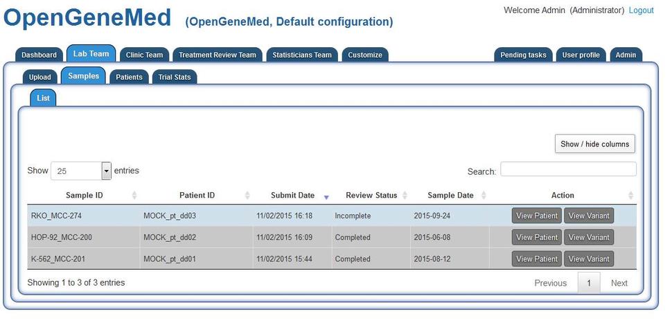 OpenGeneMed screenshot. The interface is composed of many tabs and subtabs, each covering a task in the clinical trial management portal. More details in the caption and user manual.