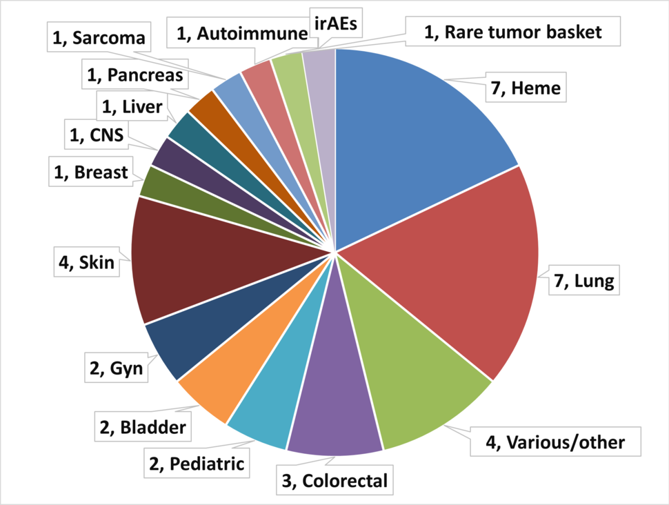 Pie chart depicting the variety of clinical trials, by cancer type, collaborating with CIMACs. Cancer types include hematologic, lung, colorectal, pediatric, bladder, gynecologic, skin, breast, CNS, liver, pancreatic, sarcoma, and rare cancers, as well as cancers in patients with autoimmune disorders and immune-related adverse events (irAEs).
