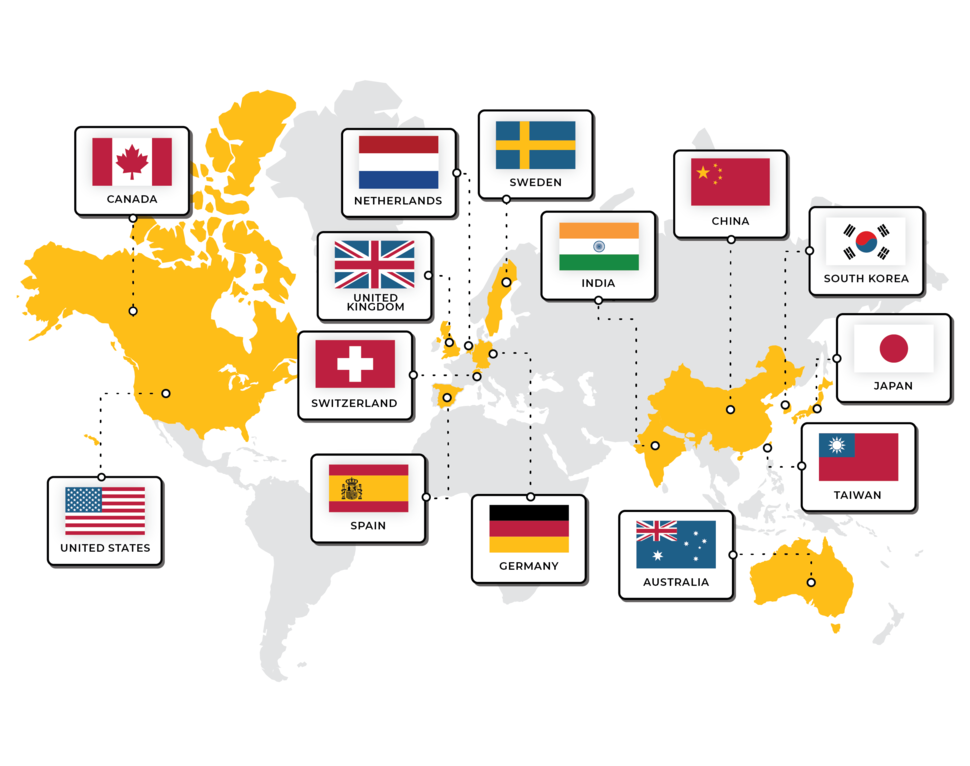 The map highlights the 14 countries participating in the International Cancer Proteogenome Consortium (ICPC), emphasizing global collaboration in proteogenomics.
