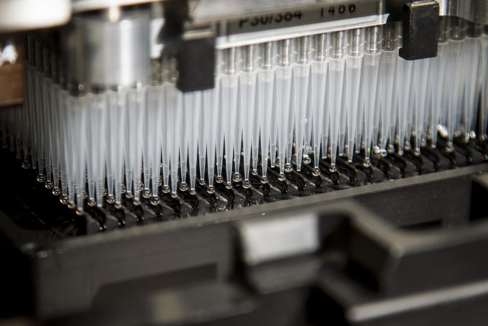 An instrument dispensing liquid samples into a microplate for screening purposes