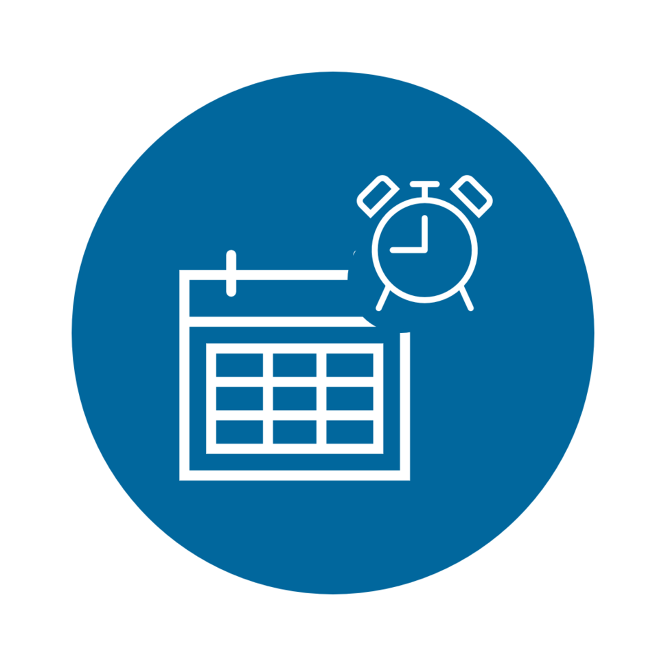 A blue and white icon of a calendar and alarm clock.
