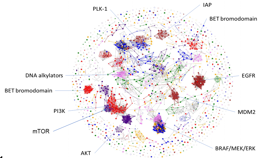 A forceGraph representing the similarity of mechanisms of action for a large set of compounds.