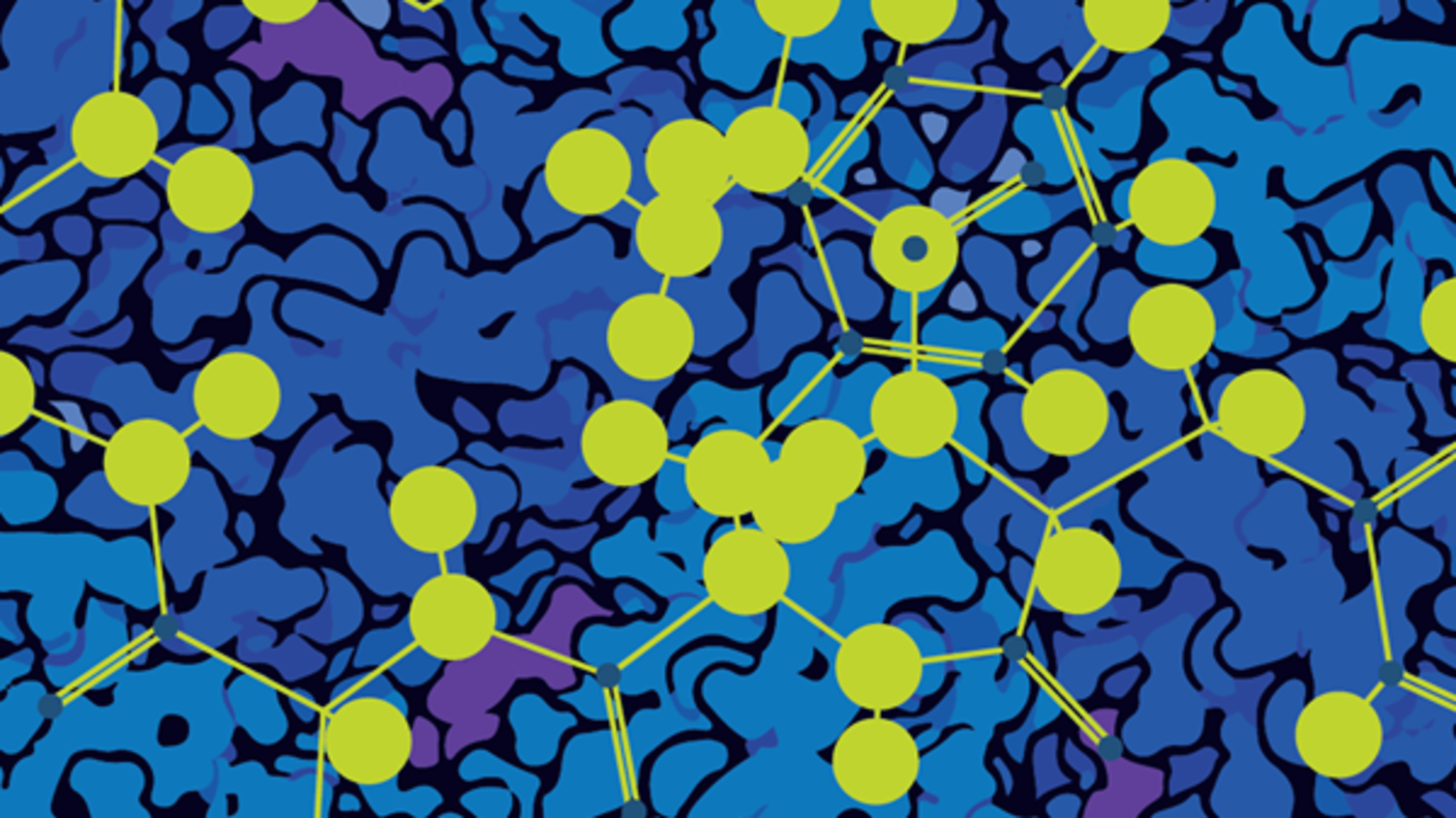 Illustration of synthetic molecule backbone in yellow against blue backgrounf