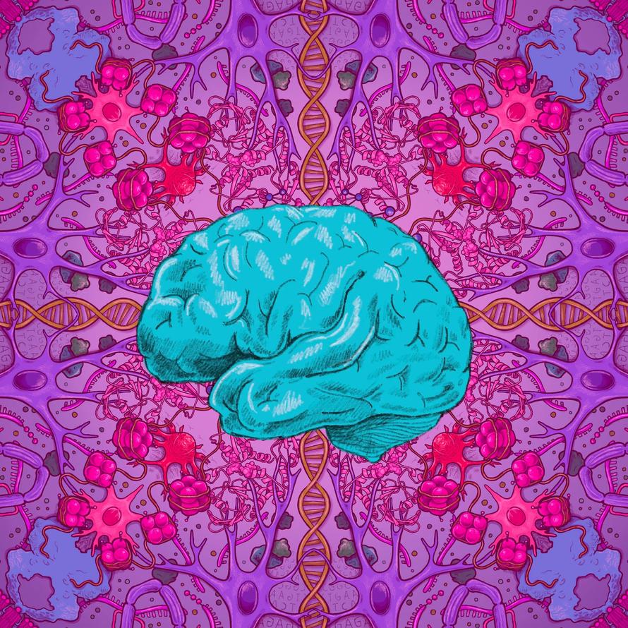 Decorative brain on vibrant colored background.