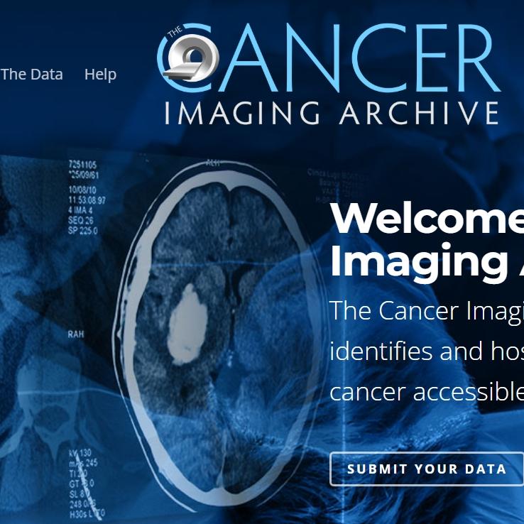 A cropped screenshot of the Cancer Imaging Archive. The screenshot contains the logo, part of the top menu, the hero image (which is various scans overlaid on each other), as well as the welcome text and call to action button.