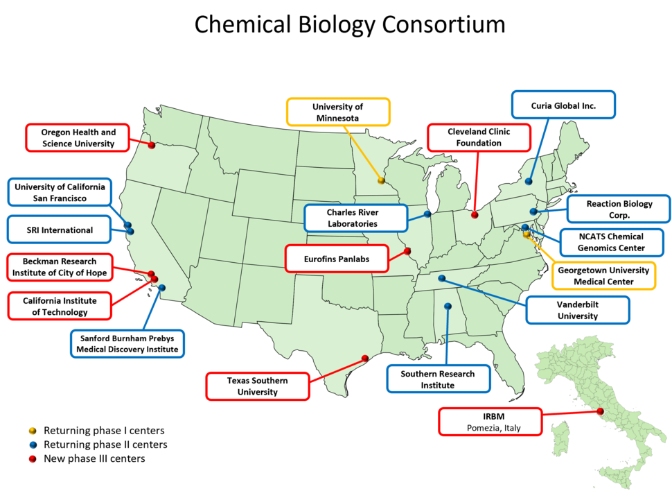 US Map, with Italy in the lower right hand corner, showing the location of each current CBC participating center.  The map separates centers by their legacy status, by using a colored border depending on whether they are 1) a new center depicted in red border, 2) a returning center from the last phase of the CBC, depicted in a blue border, or 3) a returning center from the first CBC phase (2009-2015), depicted in a yellow border.